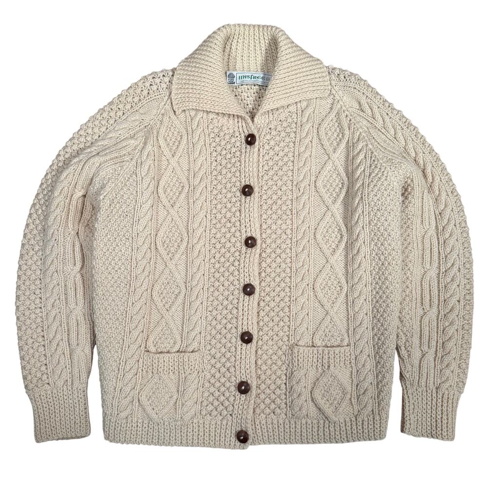 Vintage Wool Ivory Cable Knit Cardigan Sweater Fisherman Core Made in Ireland